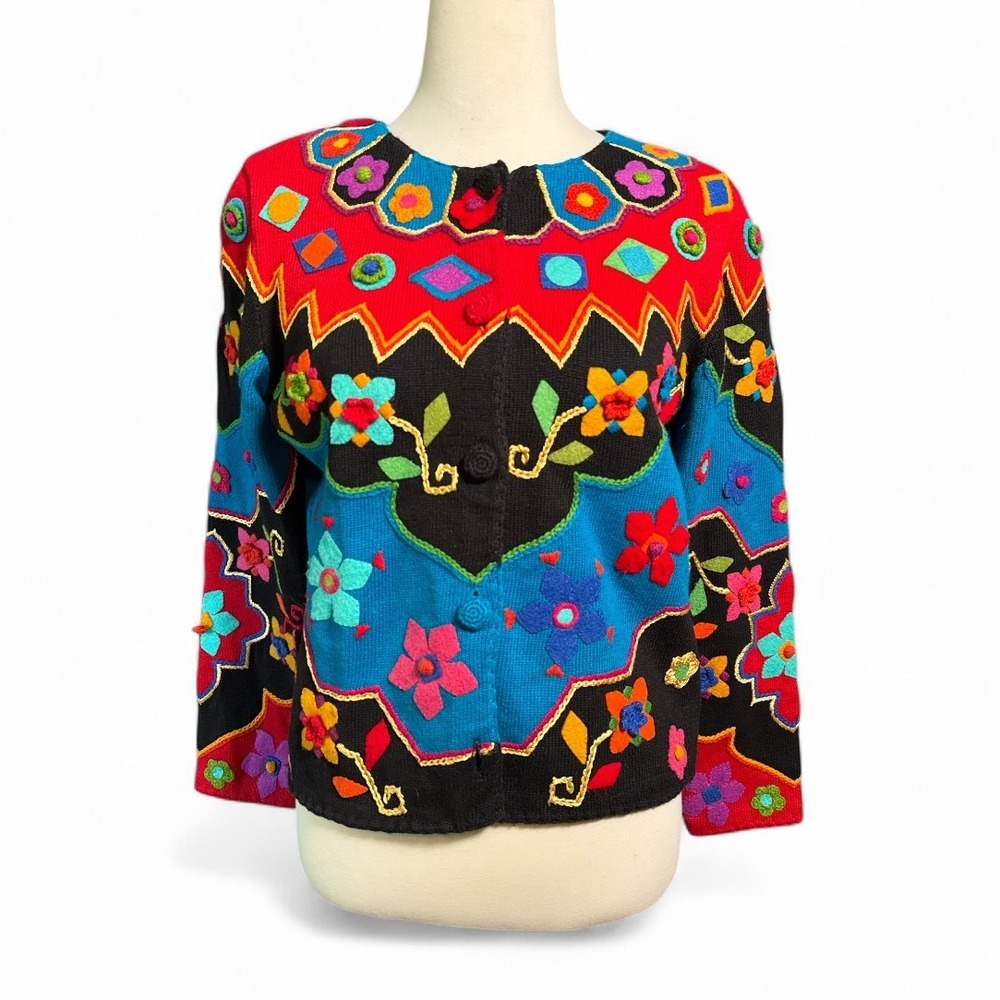 Michael Simon New York Floral Embroidered Knit Cardigan Sweater Small Boho VTG